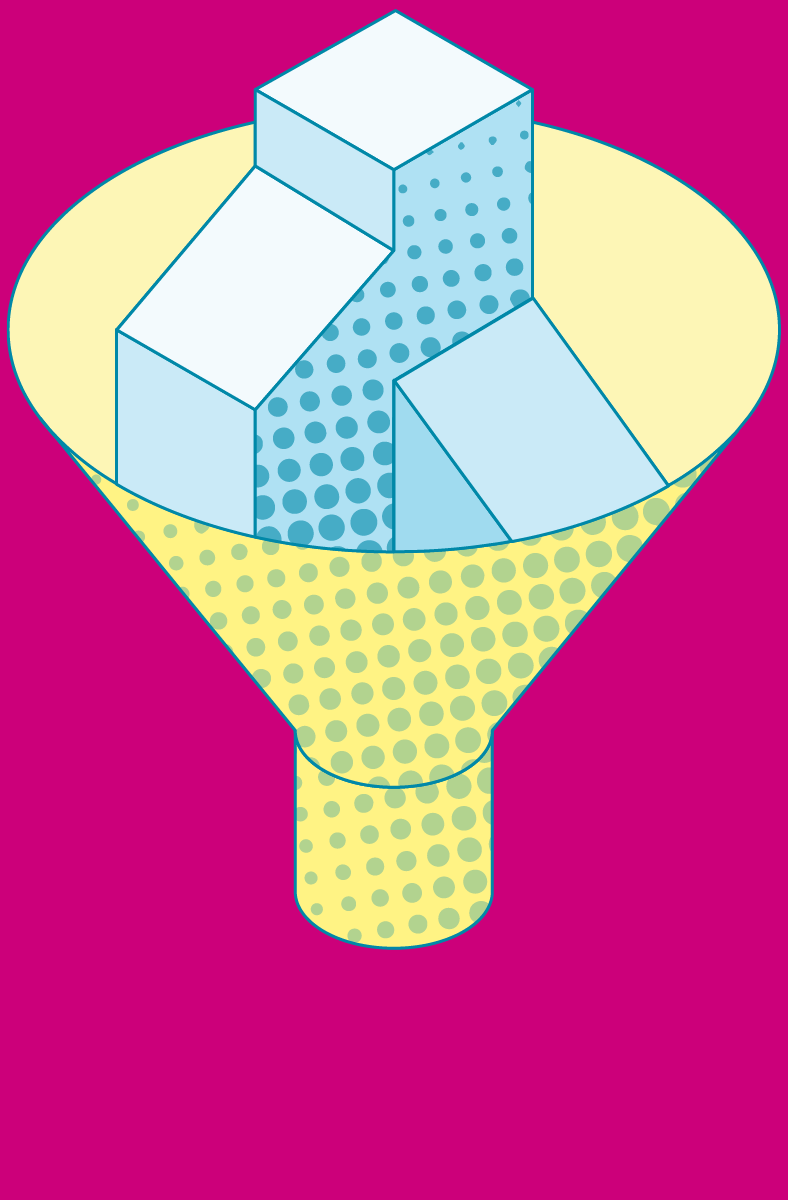 stylized isometric ice in a funnel, water dripping